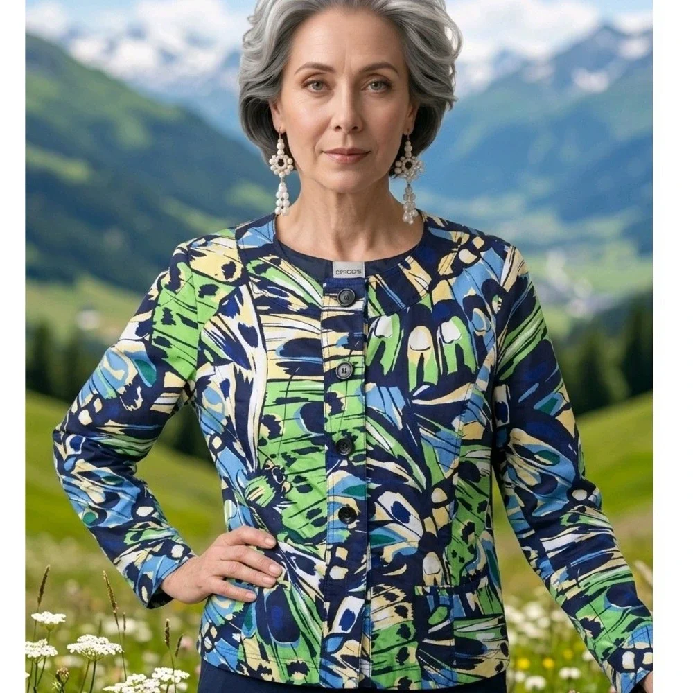 Chico's 1 Butterfly Print Button Front Jacket Blue Green Yellow Medium‎ NWOT